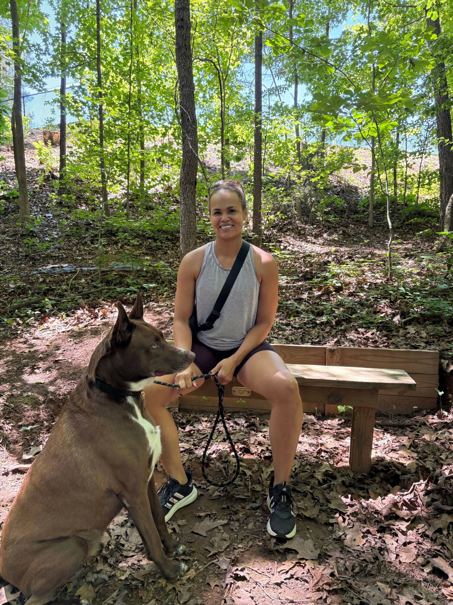 Person sitting on a wooden bench with a dog in a forested area, surrounded by green trees and pink ground cover.