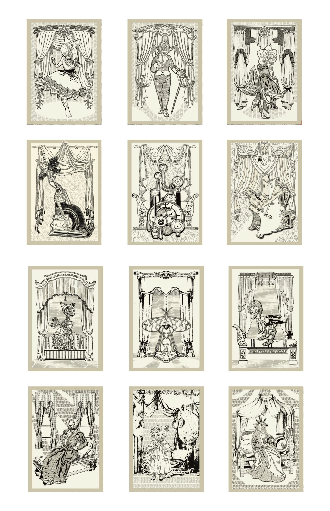 Nine tarot card illustrations arranged in a 3x3 grid, each depicting different scenes with figures and symbols.