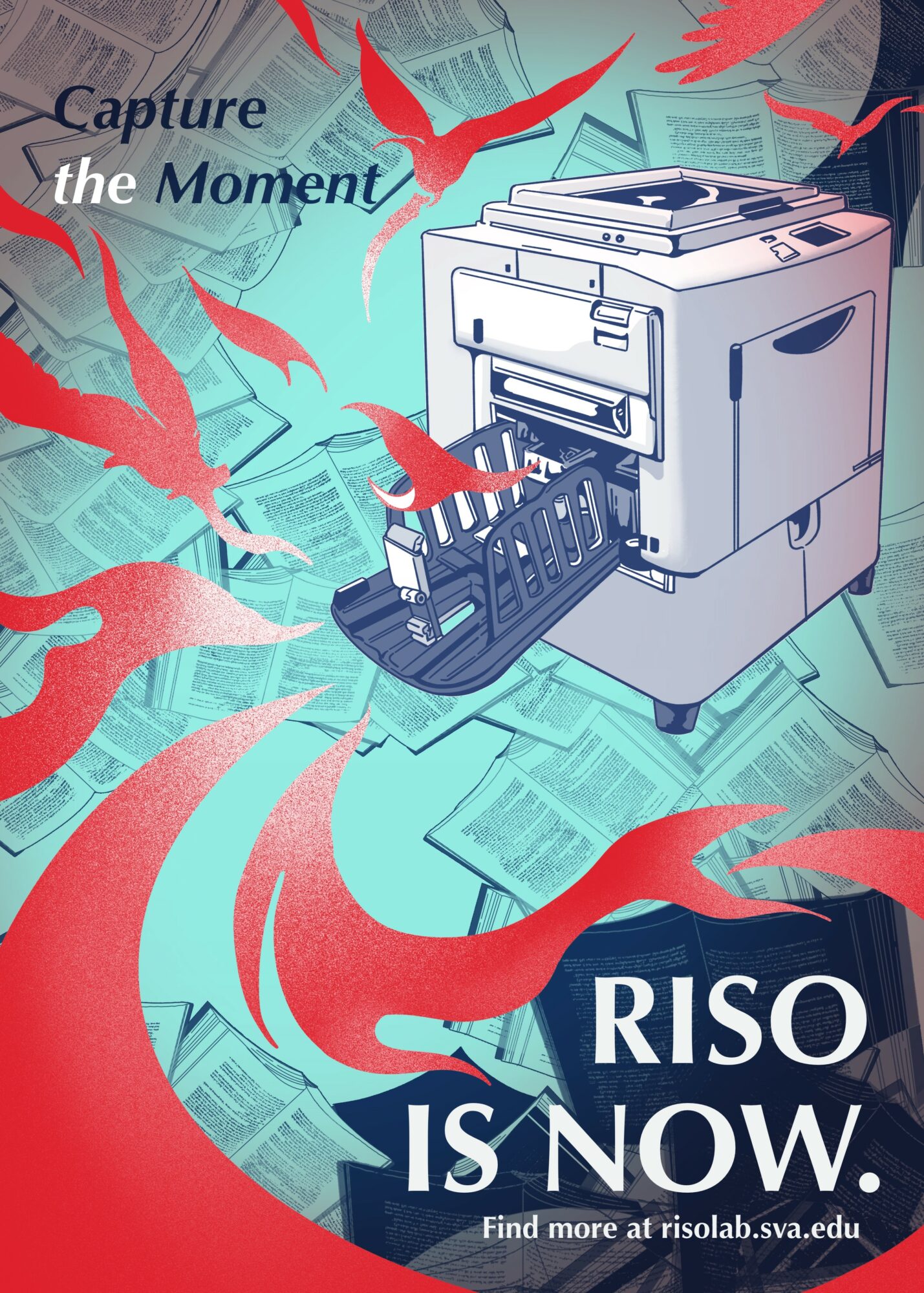 Printer surrounded by flying red birds and scattered papers, with text about capturing the moment and RISO being current.