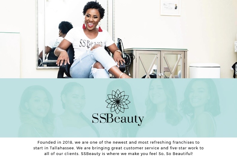 Smiling woman with short curly hair sitting in a salon chair, mirror behind her, SSBBeauty logo below, light-colored room.
