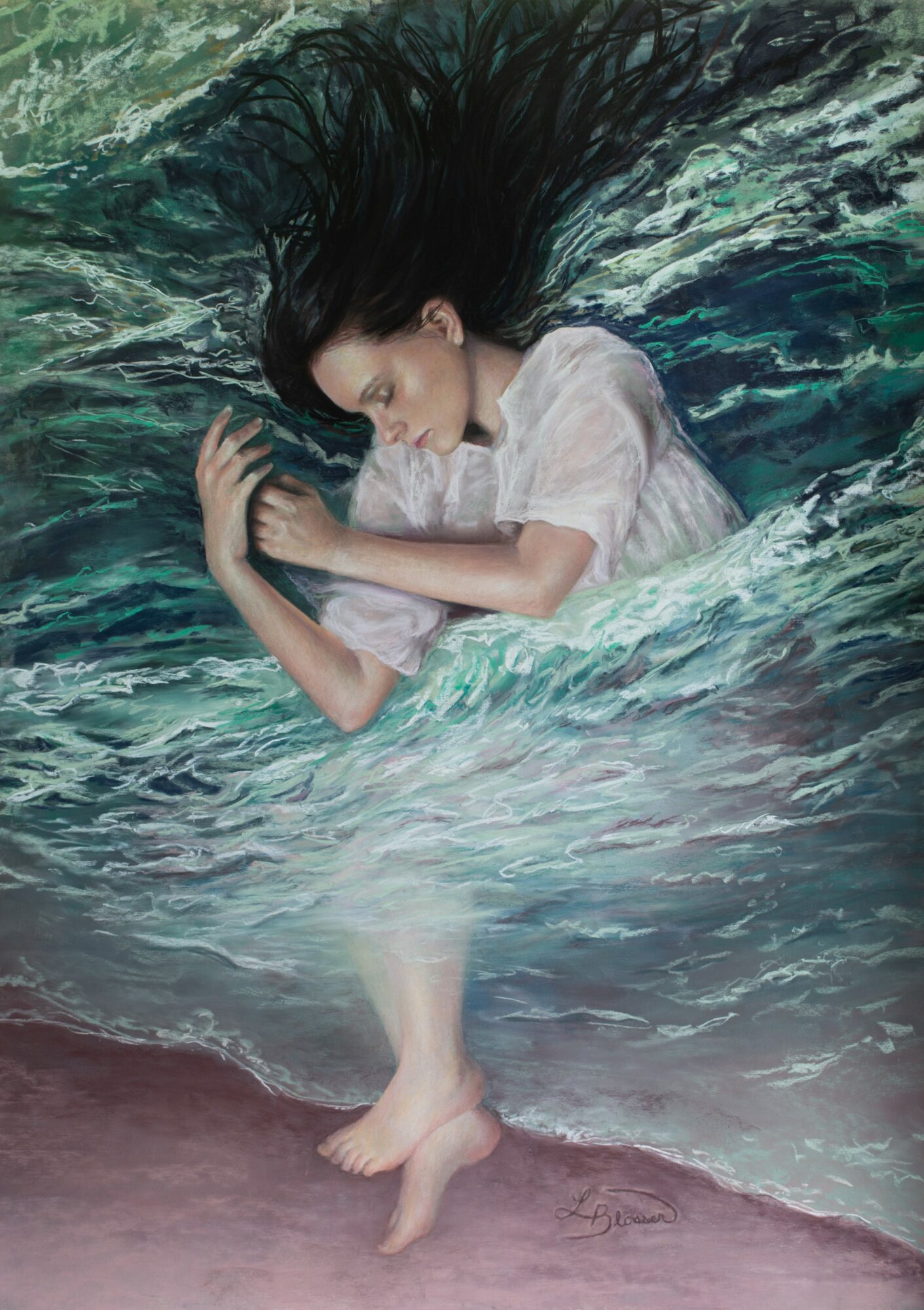 A girl with long black hair in a white dress appears to be floating or sinking in water, with her eyes closed and arms crossed.