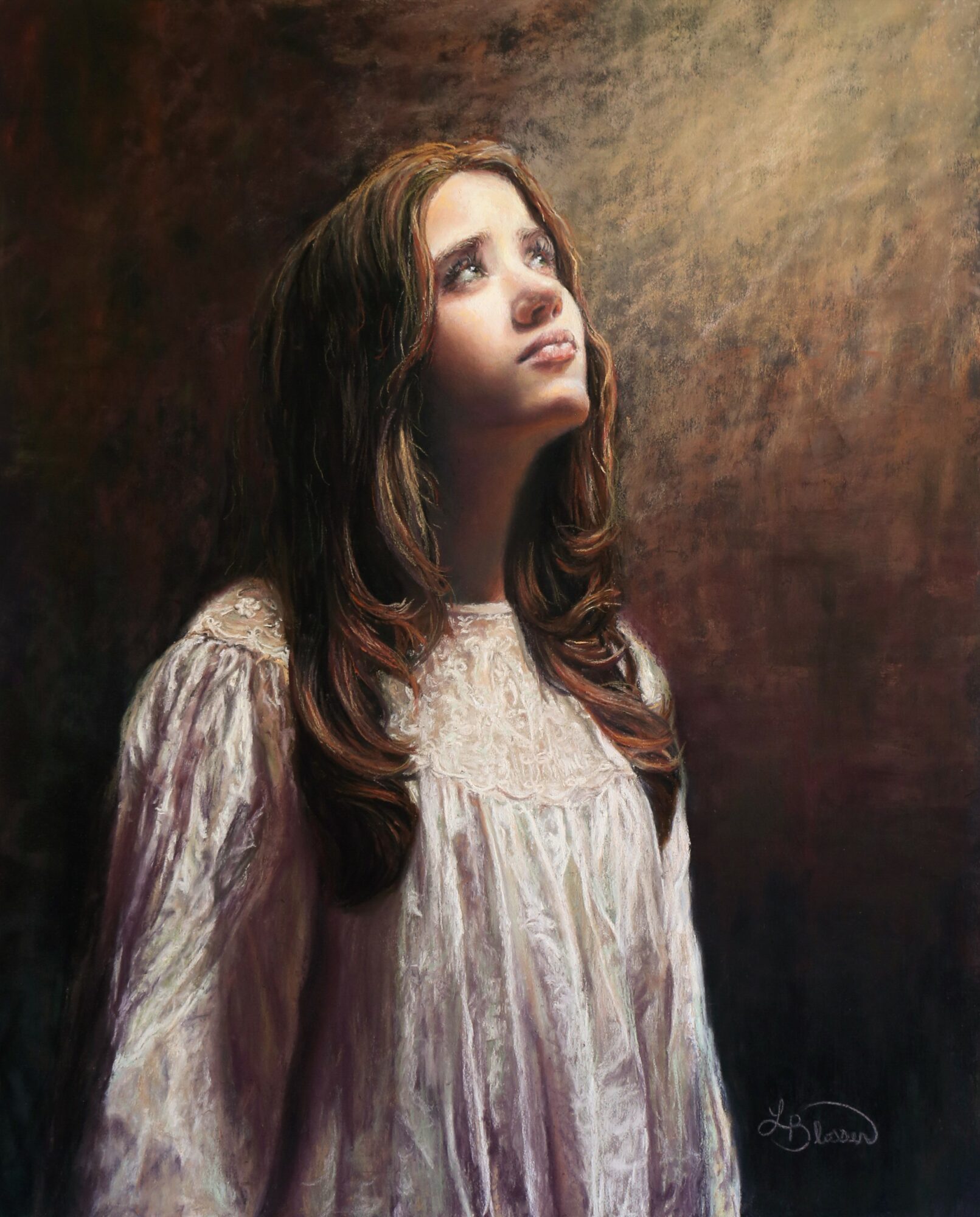 Young woman with long hair looking upward, wearing a light-colored blouse, against a textured dark background.