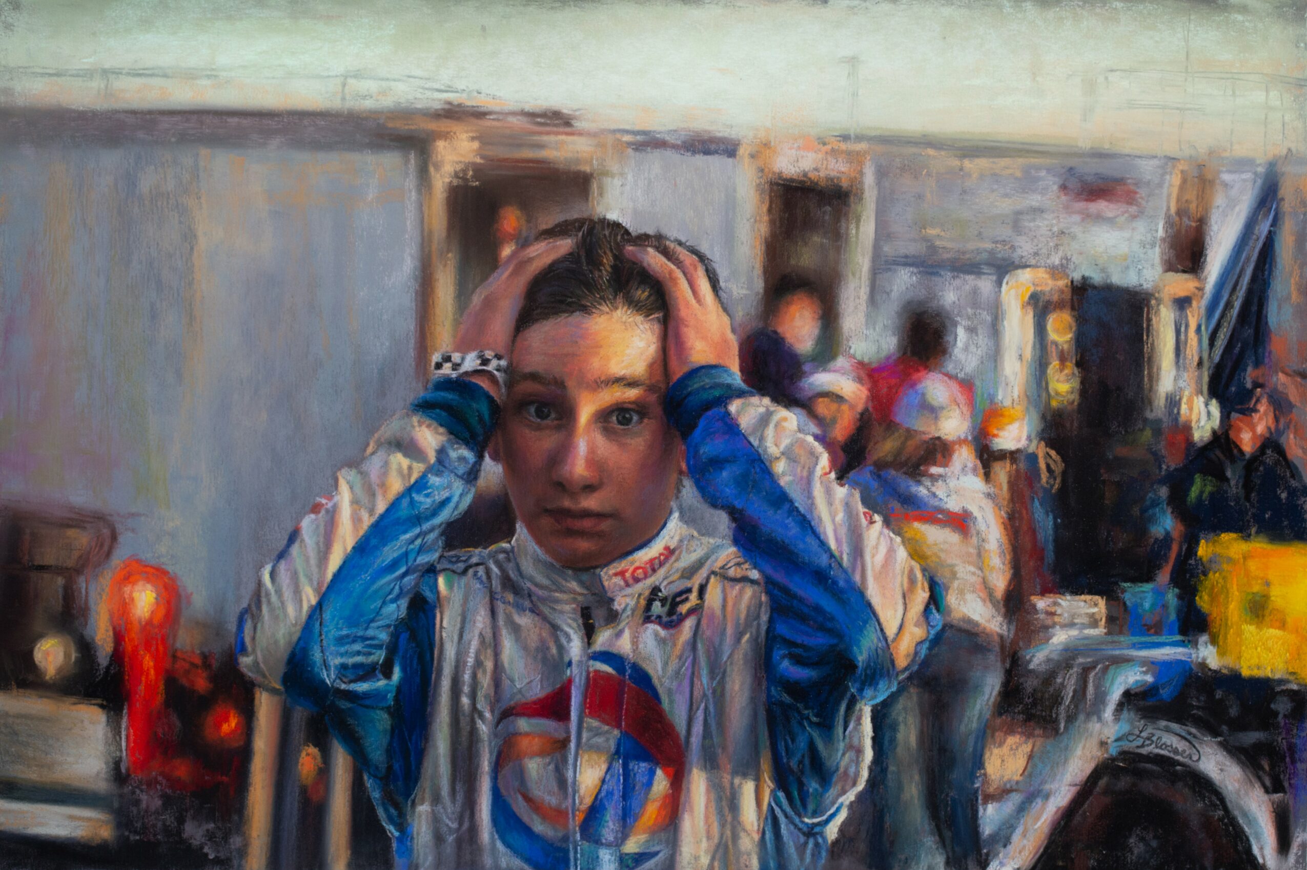 Young woman with hands on head, wearing a racing suit, in a busy workshop or garage setting.