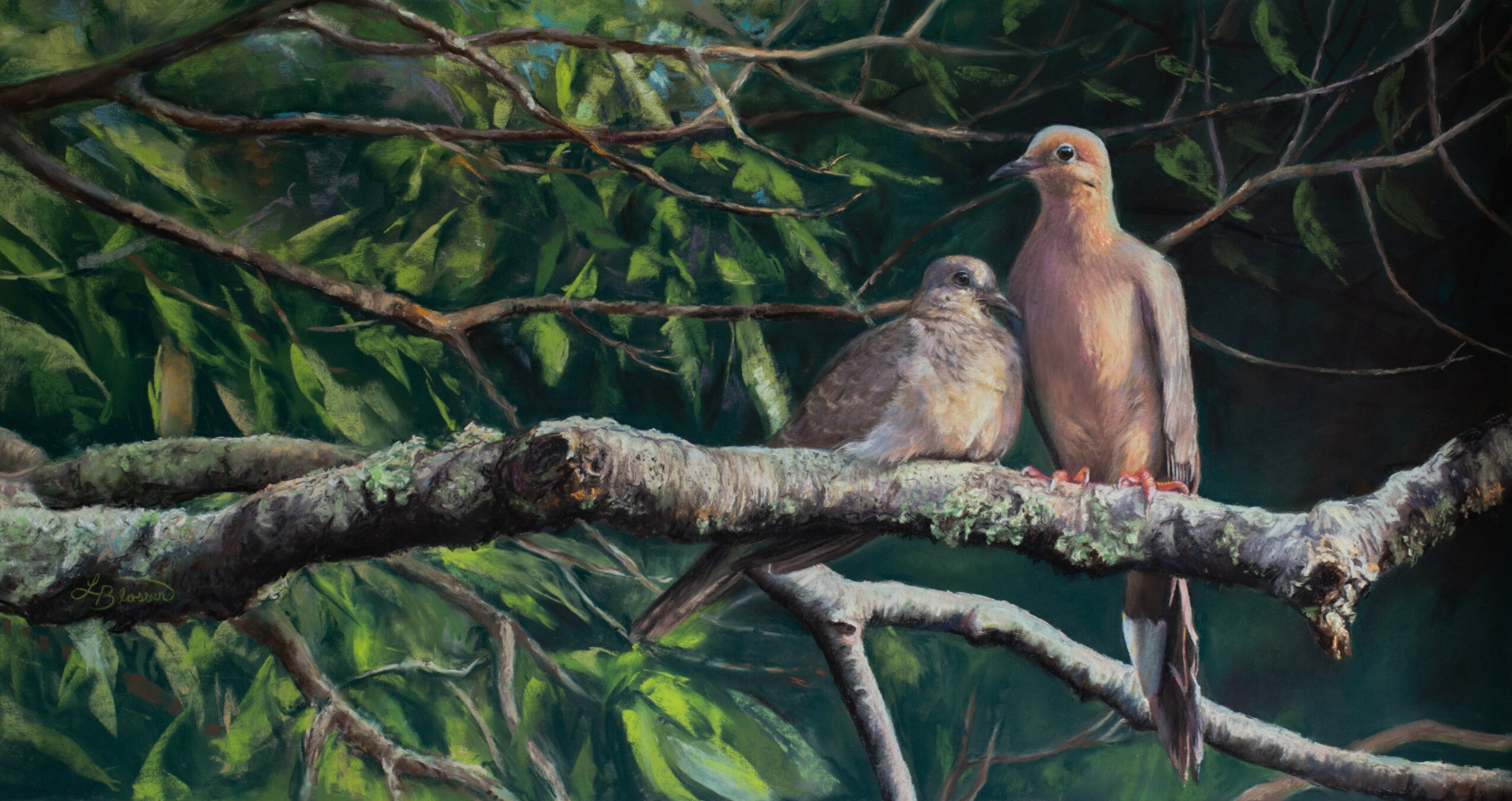 Two birds perched on a tree branch surrounded by green foliage.