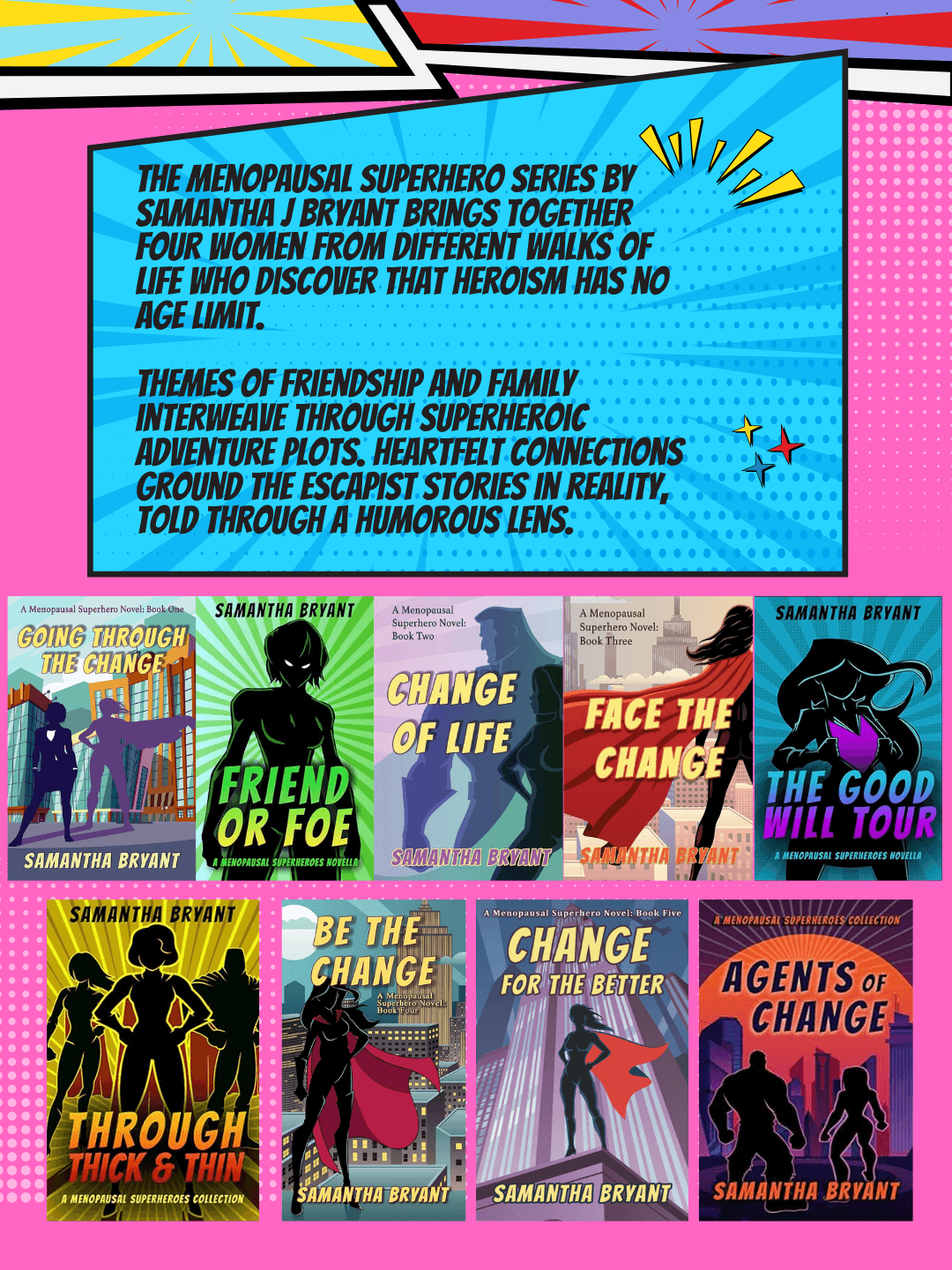 Colorful comic book cover with text about superhero series, friendship, family, and adventure themes, featuring various characters and titles.