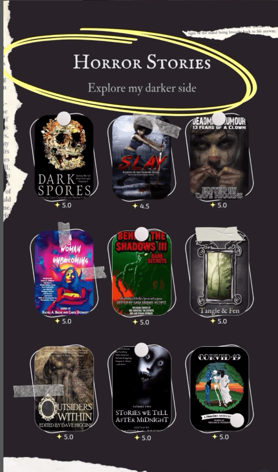 Collection of horror story book covers with titles and images, arranged in a grid, with a black background.