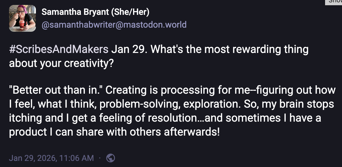 Screenshot of a social media post discussing creativity and problem-solving, with a quote about creating and exploring.