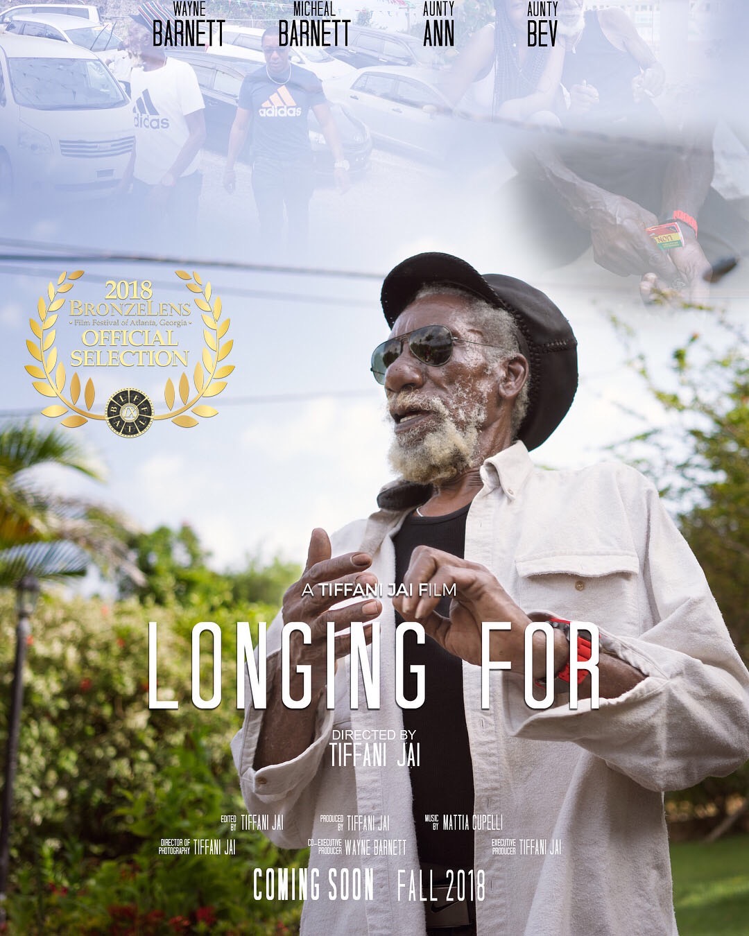 Elderly man with glasses and a hat speaking outdoors, trees and sky in background, film poster for 'Longing For'.