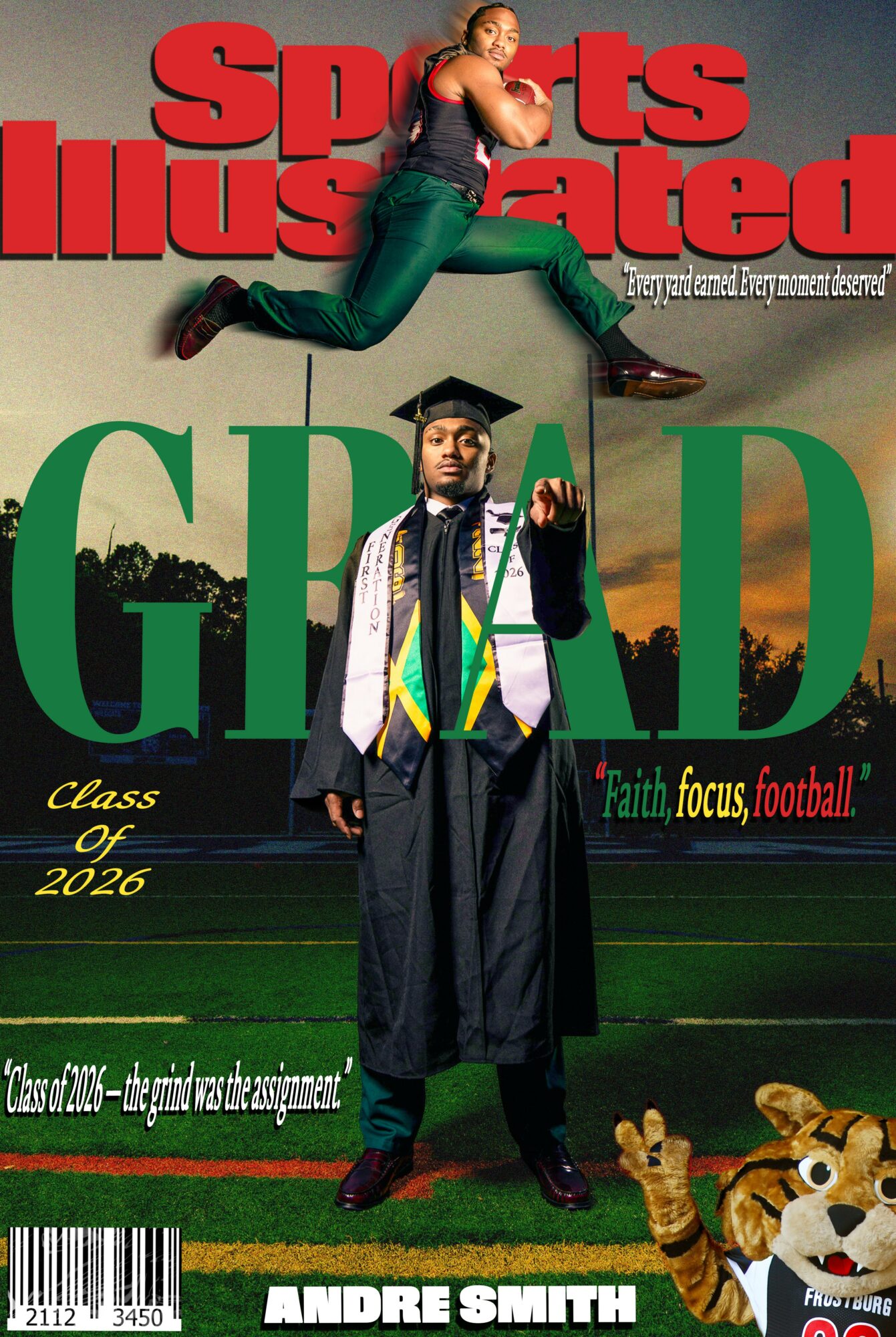 Sports Illustrated cover featuring a woman jumping and a man in graduation attire, with a lion mascot, text about graduation and football.
