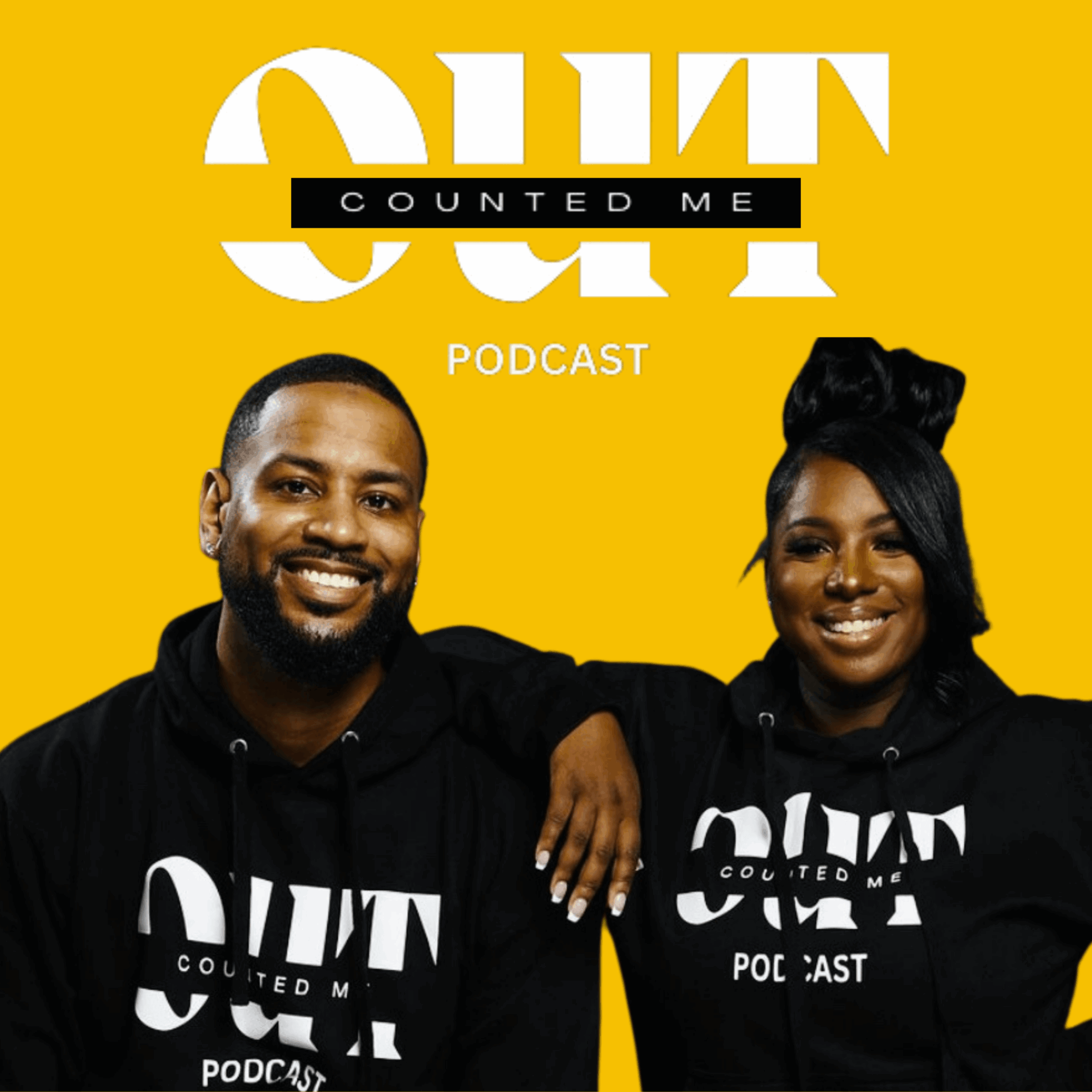 Two people wearing black hoodies with white text, smiling, against a yellow background, promoting a podcast.