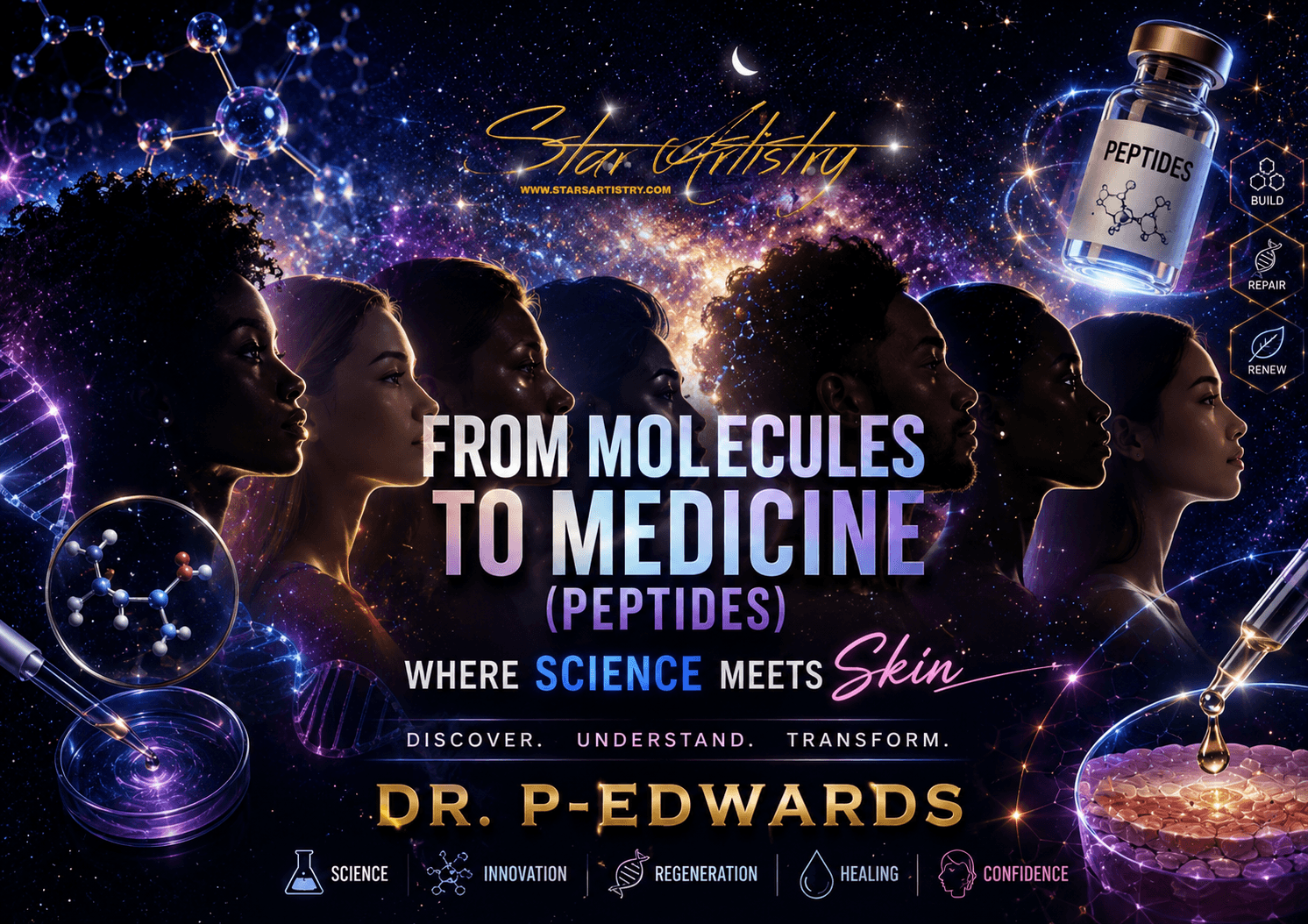 Silhouettes of diverse people against a cosmic background with molecular structures and a pill bottle, promoting science and medicine.