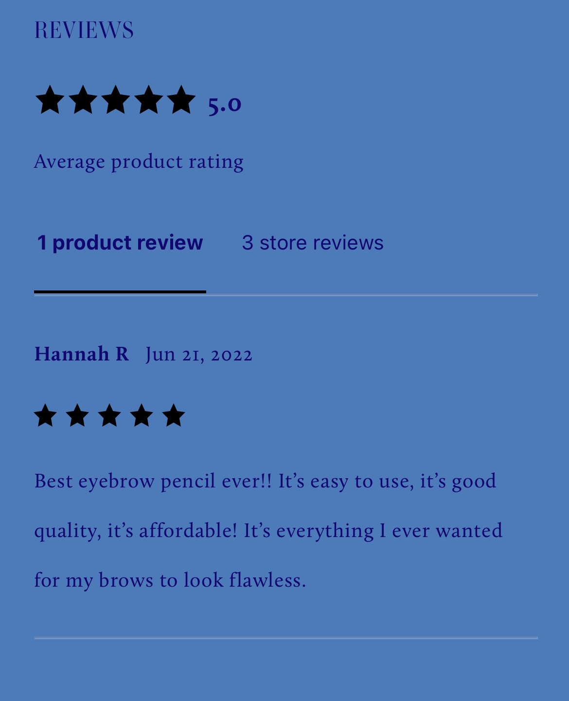 Product review section with five-star rating, review date, and a positive review for an eyebrow pencil.