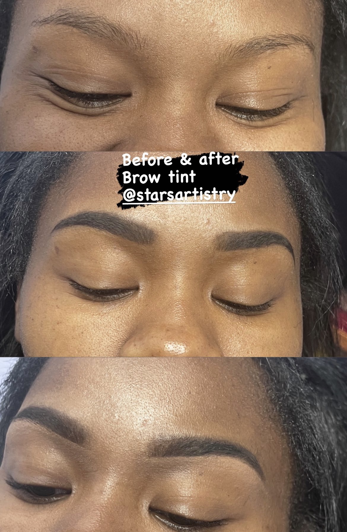 Three close-up images of a person's eyebrows before and after brow tinting, showing improved shape and color, with text overlay in the middle image.