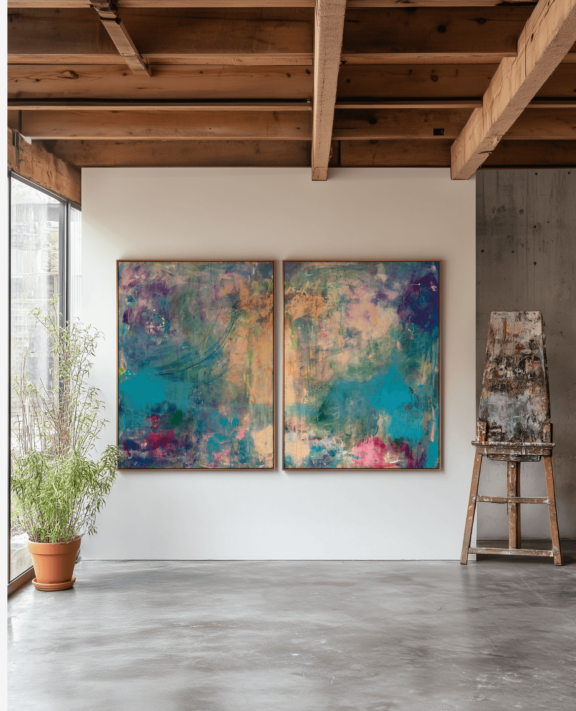 Two abstract colorful paintings hang on a white wall in a room with wooden ceiling beams, a potted plant, and an easel.