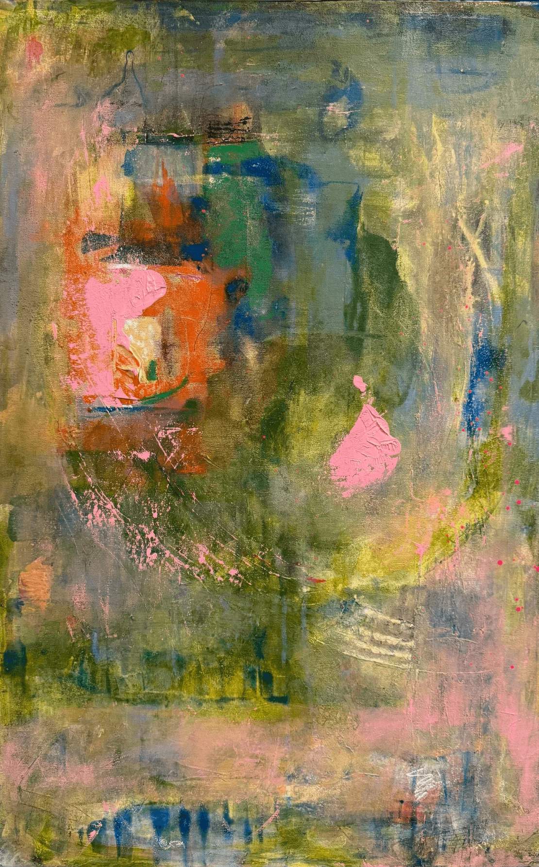Abstract painting with green, pink, blue, and yellow colors, featuring blurred shapes and textures.
