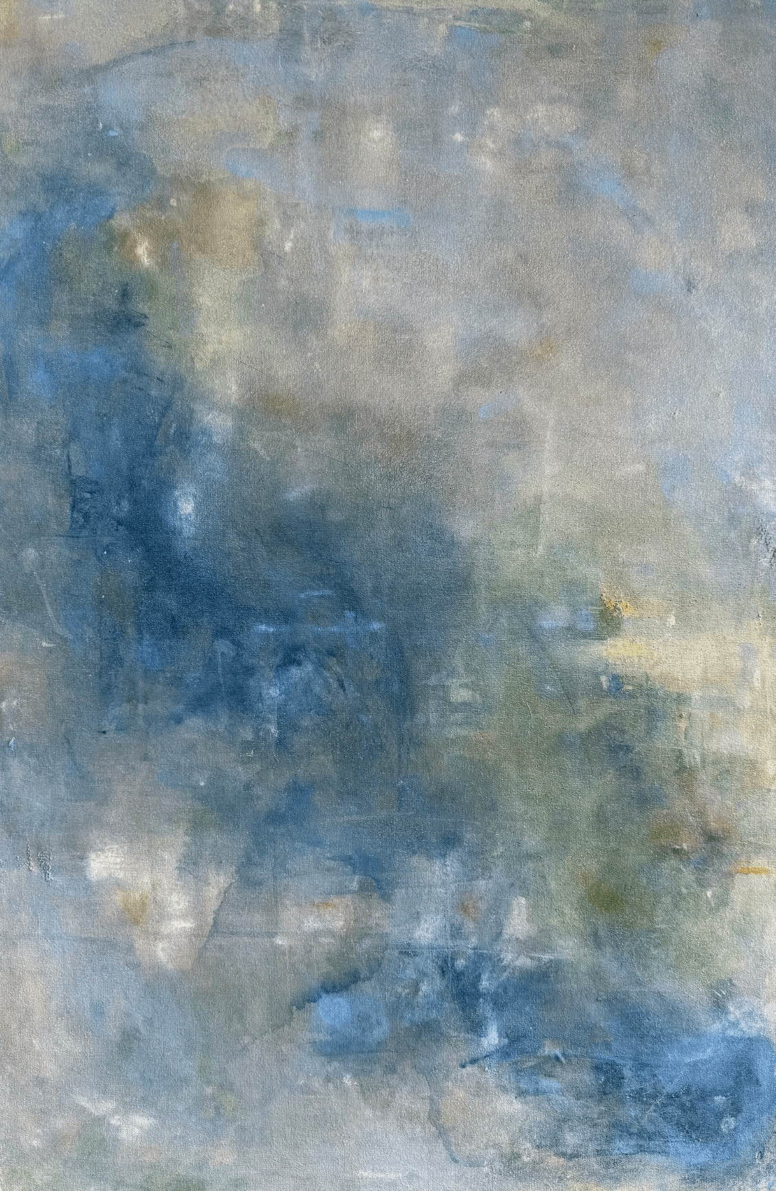 Abstract painting with blue, green, and beige colors, textured surface, and no distinct objects.