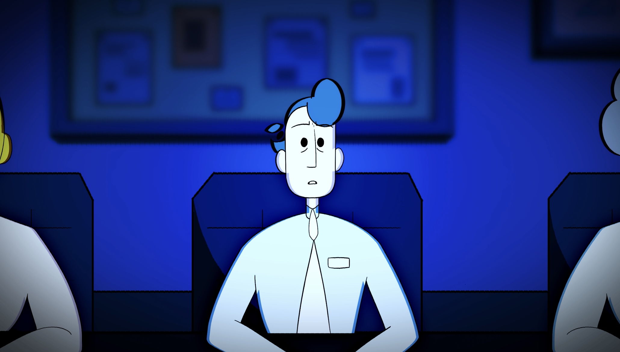 A cartoon character with blue hair and a white shirt sits at a desk in a dark room, looking surprised.