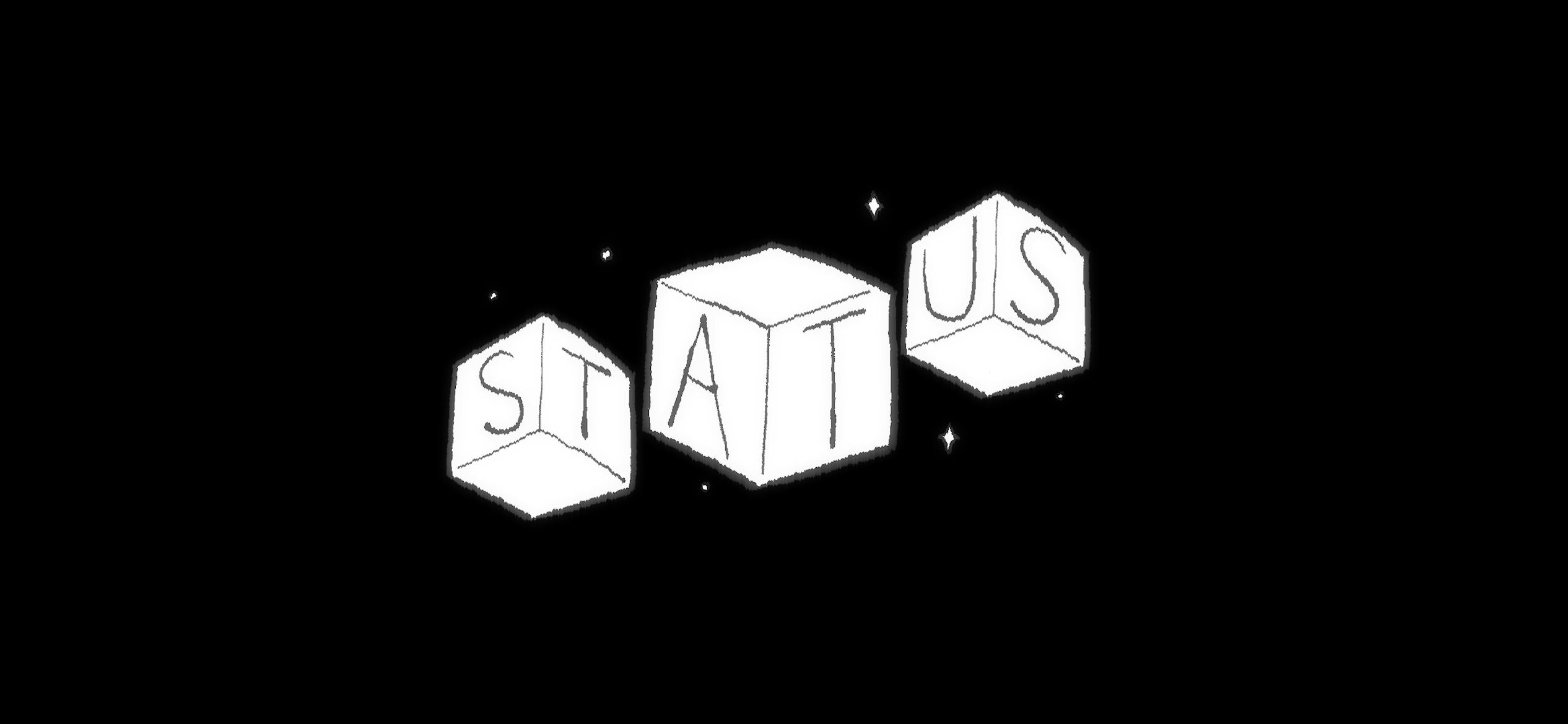 Letters spelling 'STAY US' inside hexagons with a black background, connected by lines, with small white dots.
