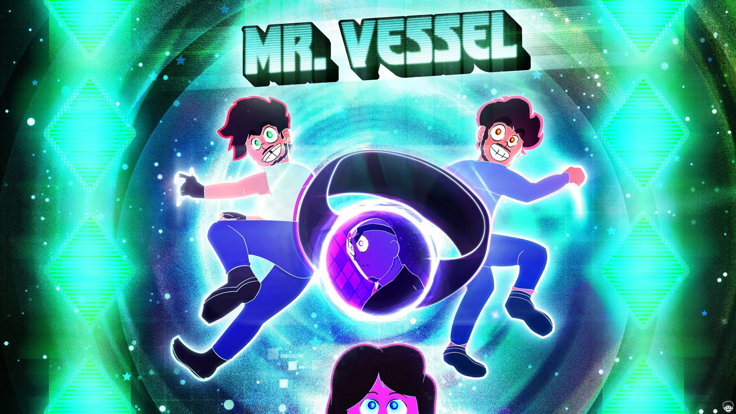 Three animated characters floating in a cosmic background with the text 'MR. VESSEL' above, colorful and vibrant scene.
