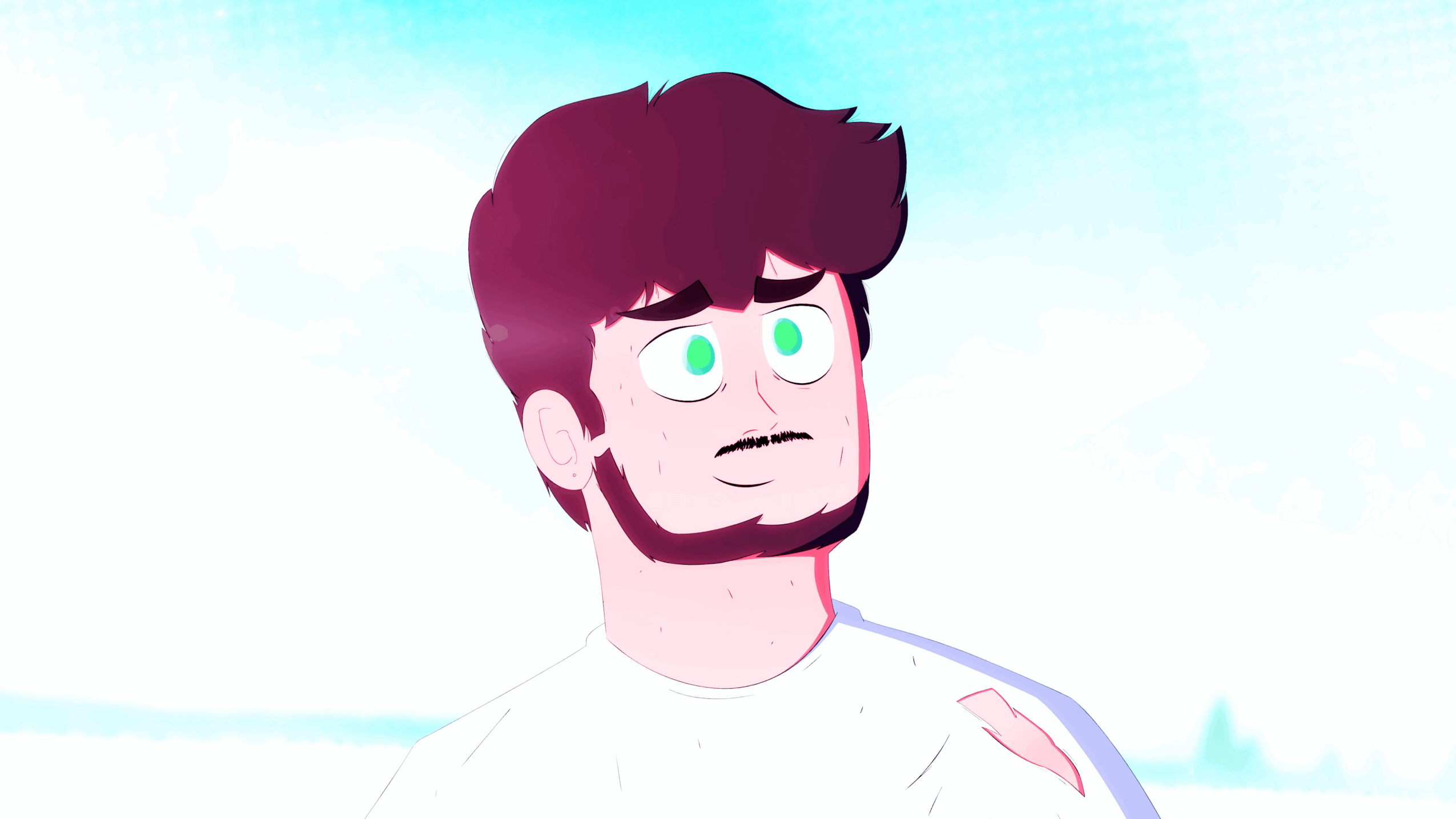 Cartoon man with dark hair and beard looking to the side, with a light blue background.