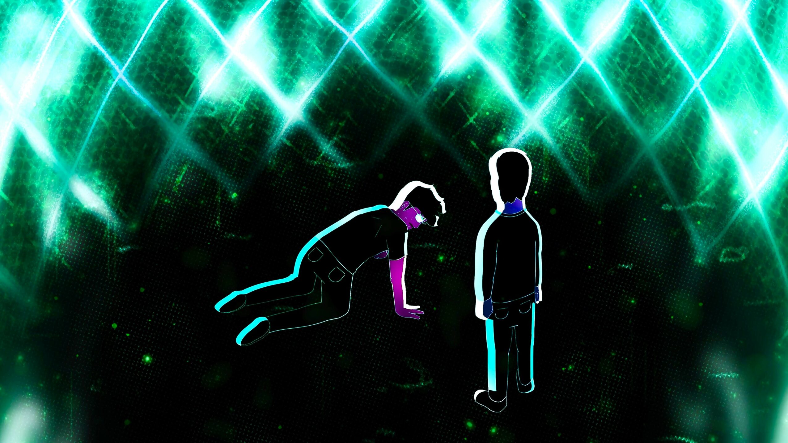 Two outlined figures, one kneeling and one standing, against a bright, abstract green and black background.