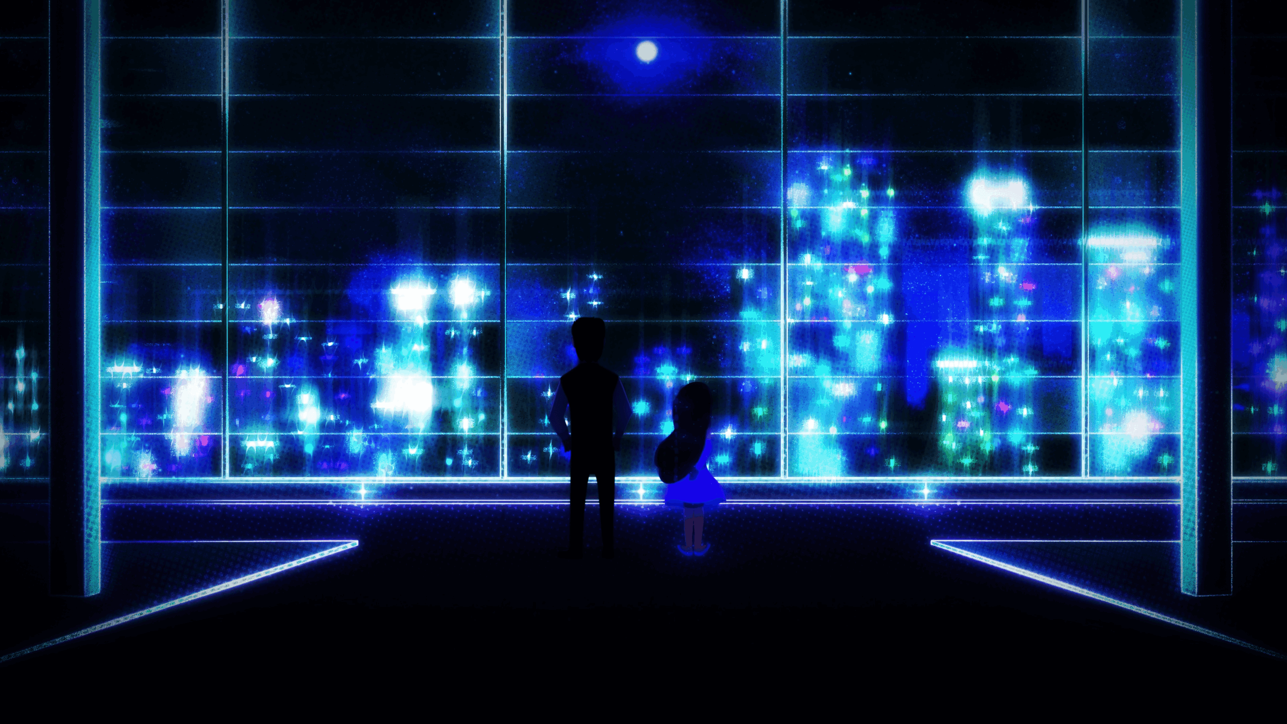 Silhouettes of two people in front of a large window with city lights and bright blue digital effects, nighttime scene.