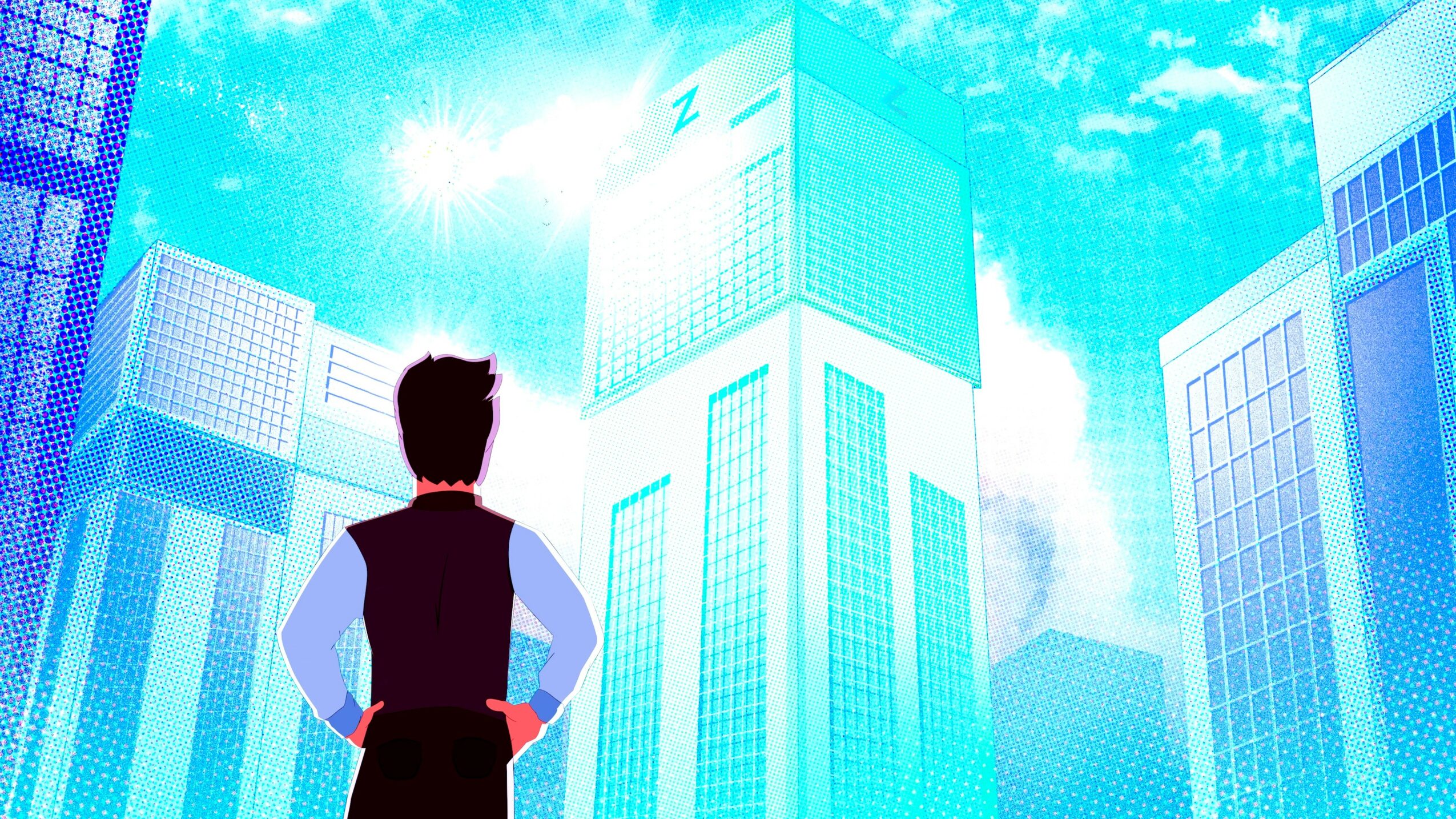 Person standing with hands on hips looking at tall skyscrapers in a bright cityscape.