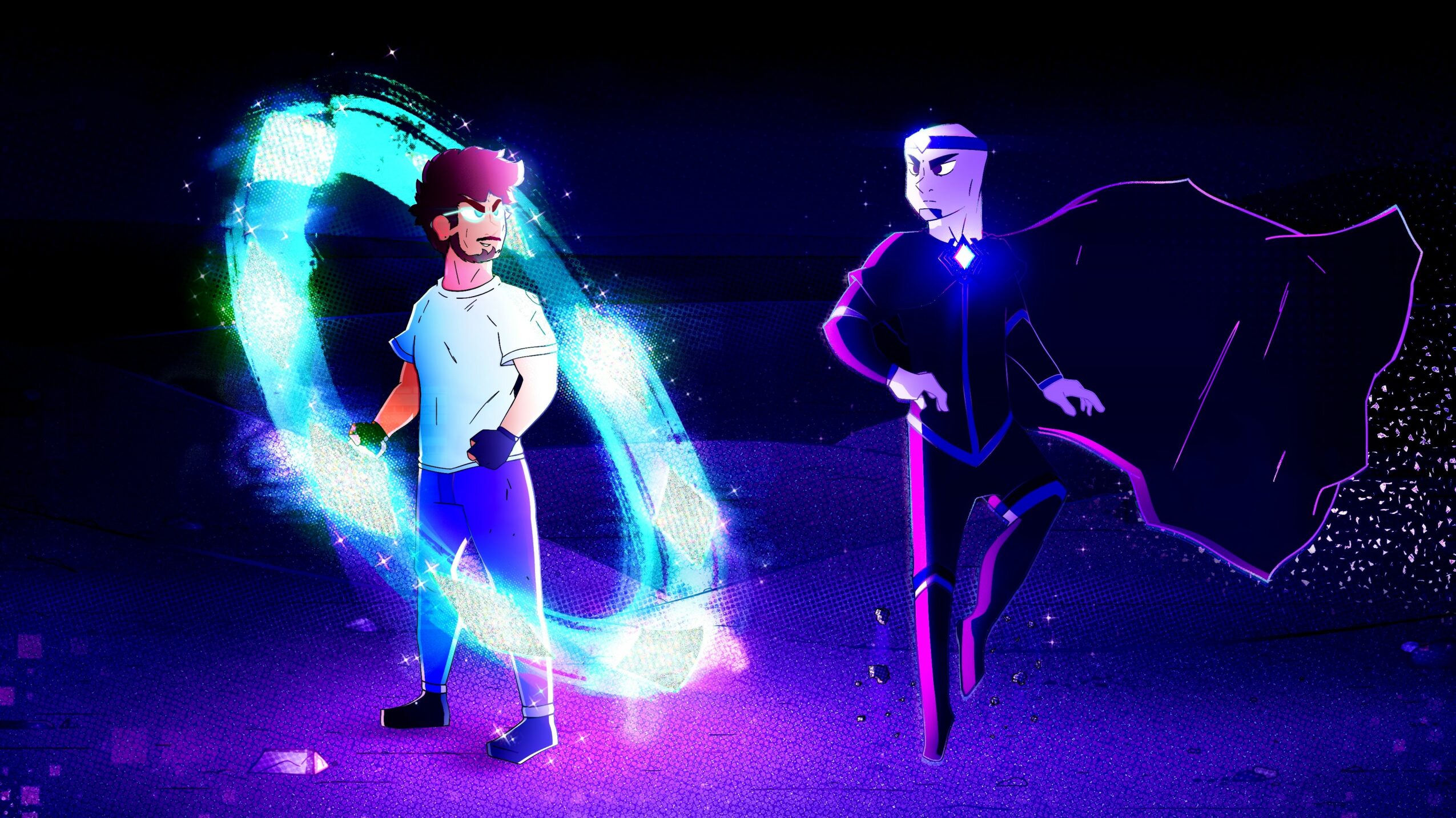 Two animated characters stand in a dark background with glowing, swirling energy around them, one with a cape and the other with glasses.