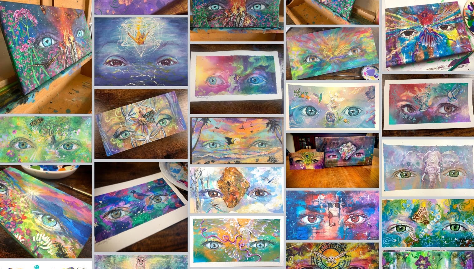Collection of colorful abstract paintings featuring eyes, faces, and vibrant patterns, displayed on various surfaces.