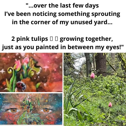 Text about noticing pink tulips growing in a yard, with two images of pink tulips and colorful artwork. Word count: 20.