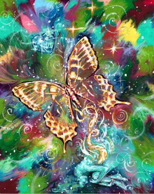 Colorful abstract background with a butterfly and a small creature, surrounded by swirls and sparkles.