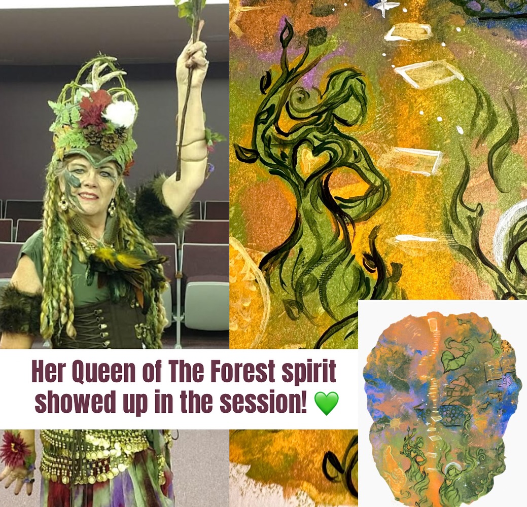 Person dressed as forest spirit with green costume and headpiece, colorful abstract art, and text about forest spirit showing up.