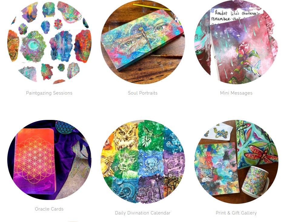 Six circular images of artwork, crafts, and cards arranged in two rows, with titles below each.
