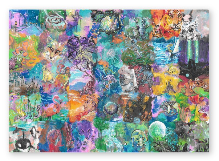 Colorful abstract painting with various animal faces and vibrant patterns, blending multiple colors and textures.