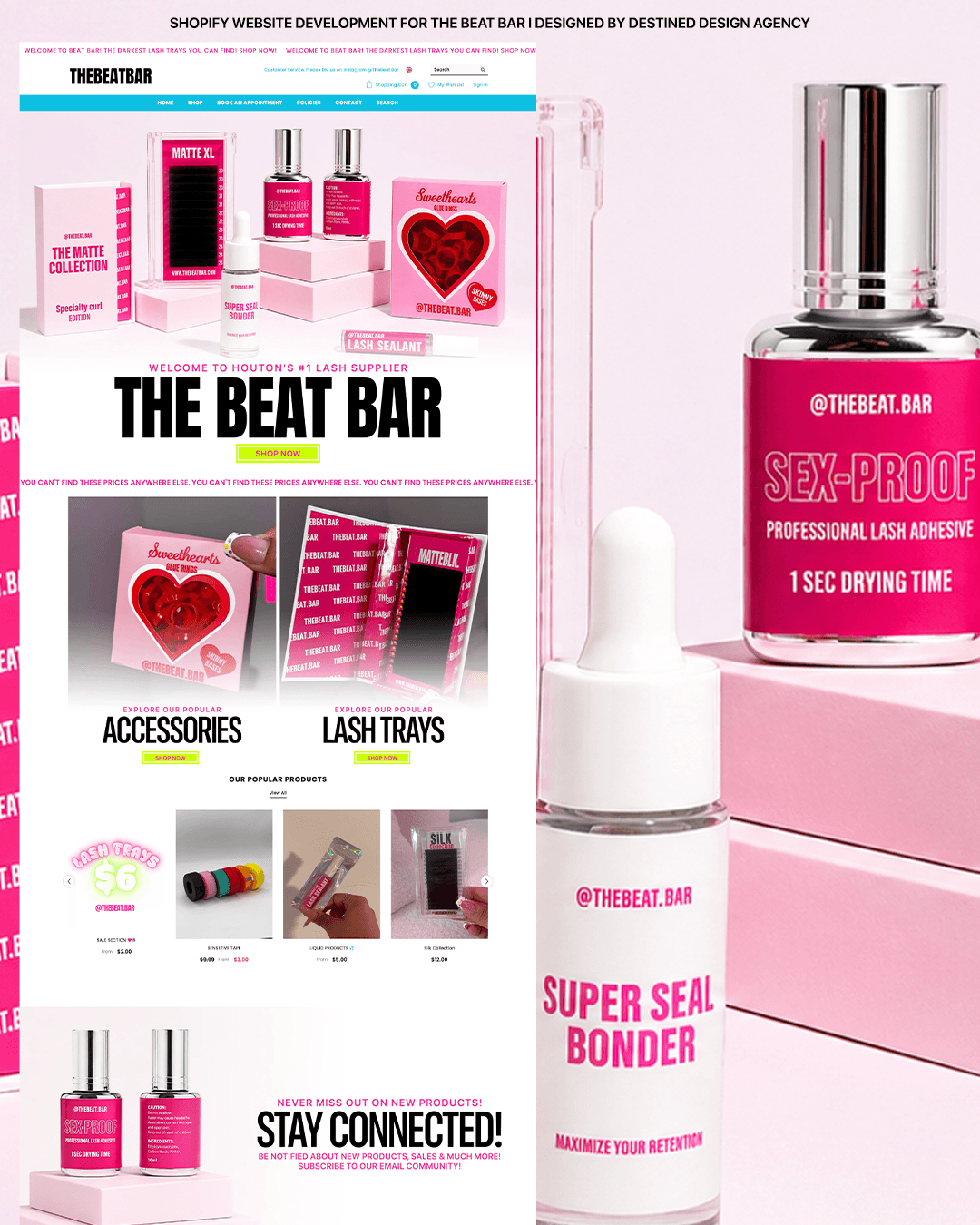 Pink and white beauty products, including a lipstick and a bottle labeled 'SEX-PROOF,' on a pink surface with text and accessories.
