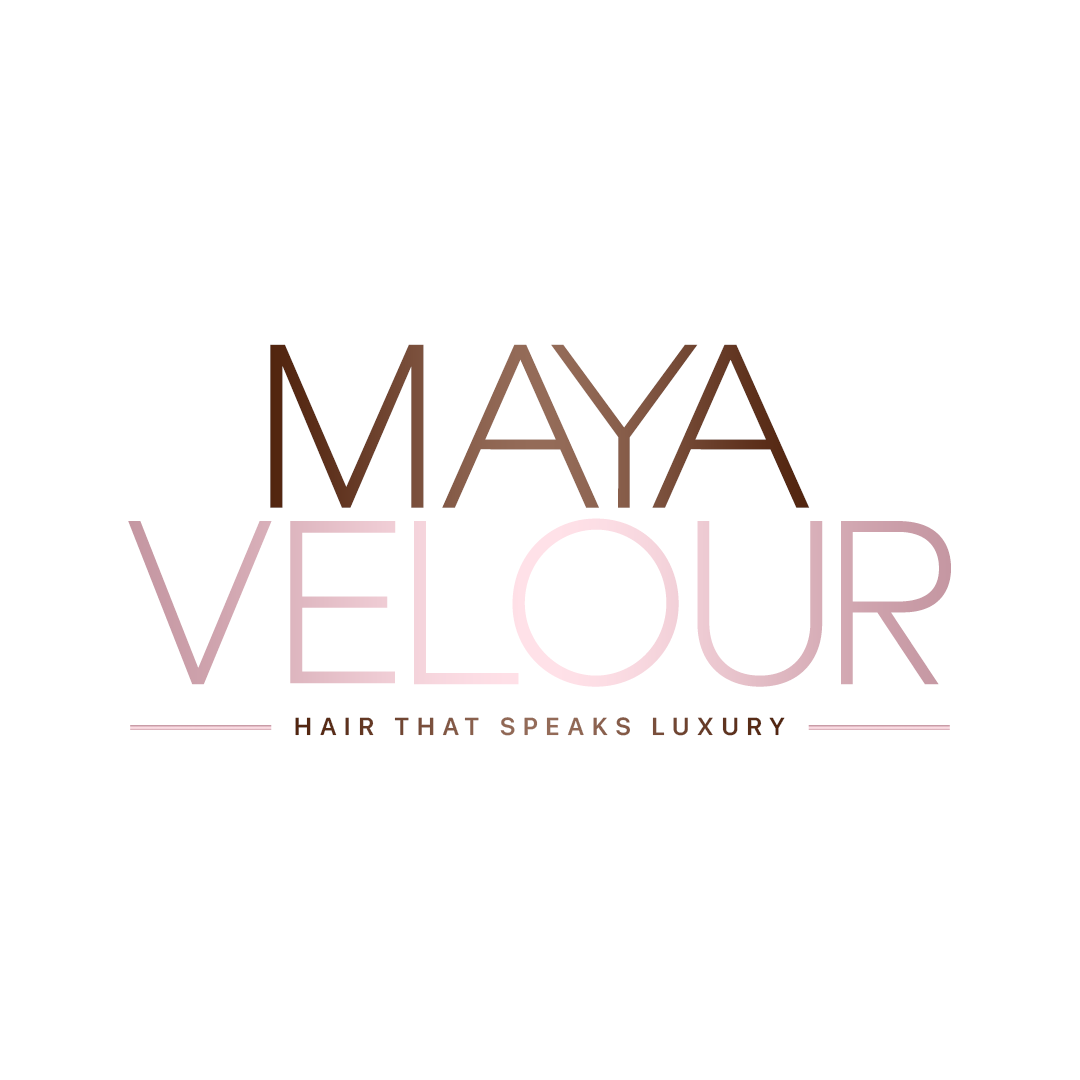 Maya Velour logo with tagline 'Hair that speaks luxury' in pink and brown text on white background.