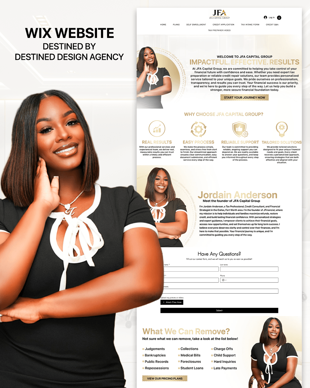 A smiling woman with long hair wearing a black top with white details, standing with her hand near her face, in front of a website layout. The layout includes a smaller image of the same woman, text, icons, and sections about services and contact information.