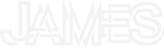 Stylized text spelling 'JAMES' with bold, overlapping letters in black and white.