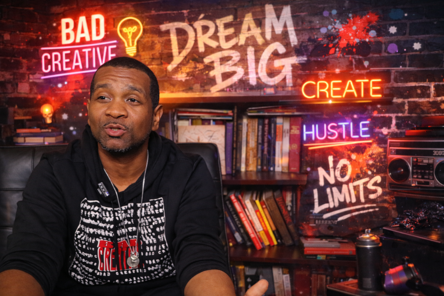 Man sitting in front of a colorful wall with motivational words and books, in a creative workspace.