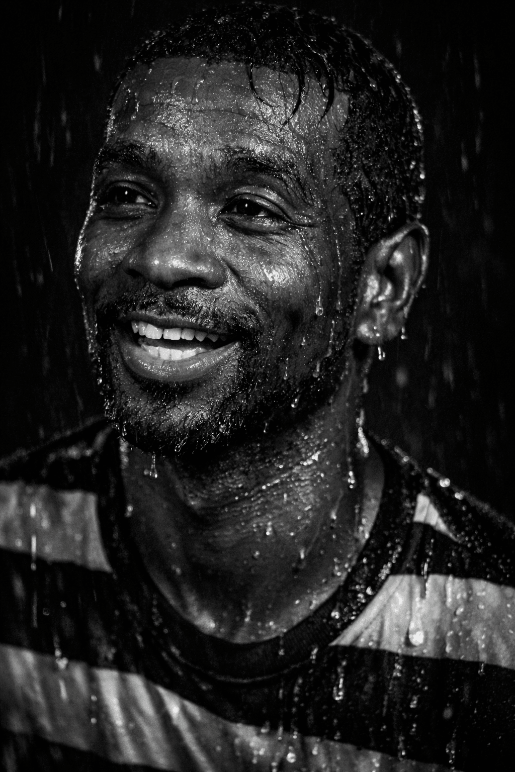 Smiling man with water droplets on face, wearing striped shirt, in black and white, looking slightly to the side.