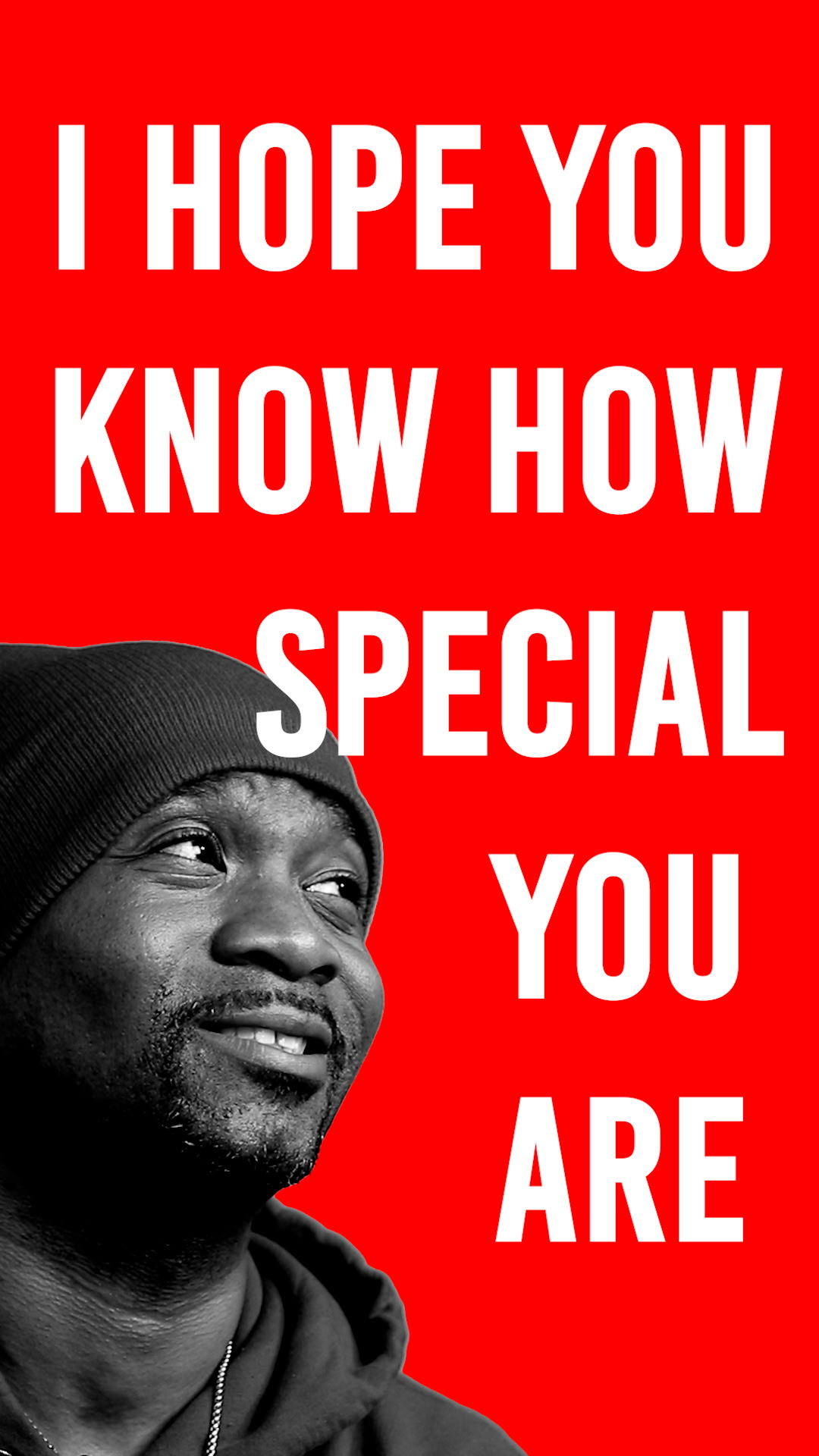 Person wearing a beanie smiling, with bold white text on a red background reading,