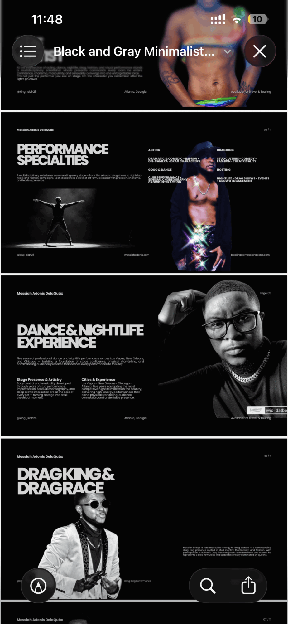 Black and white promotional images of performers and events, including dance, drag, and nightlife experiences, with text descriptions.