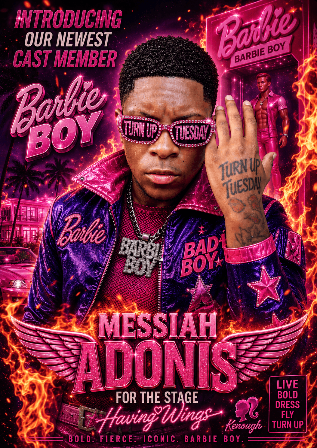 Man with sunglasses and tattoos, wearing a jacket with pink and purple neon signs, promotional text for a stage show, and a fiery background.