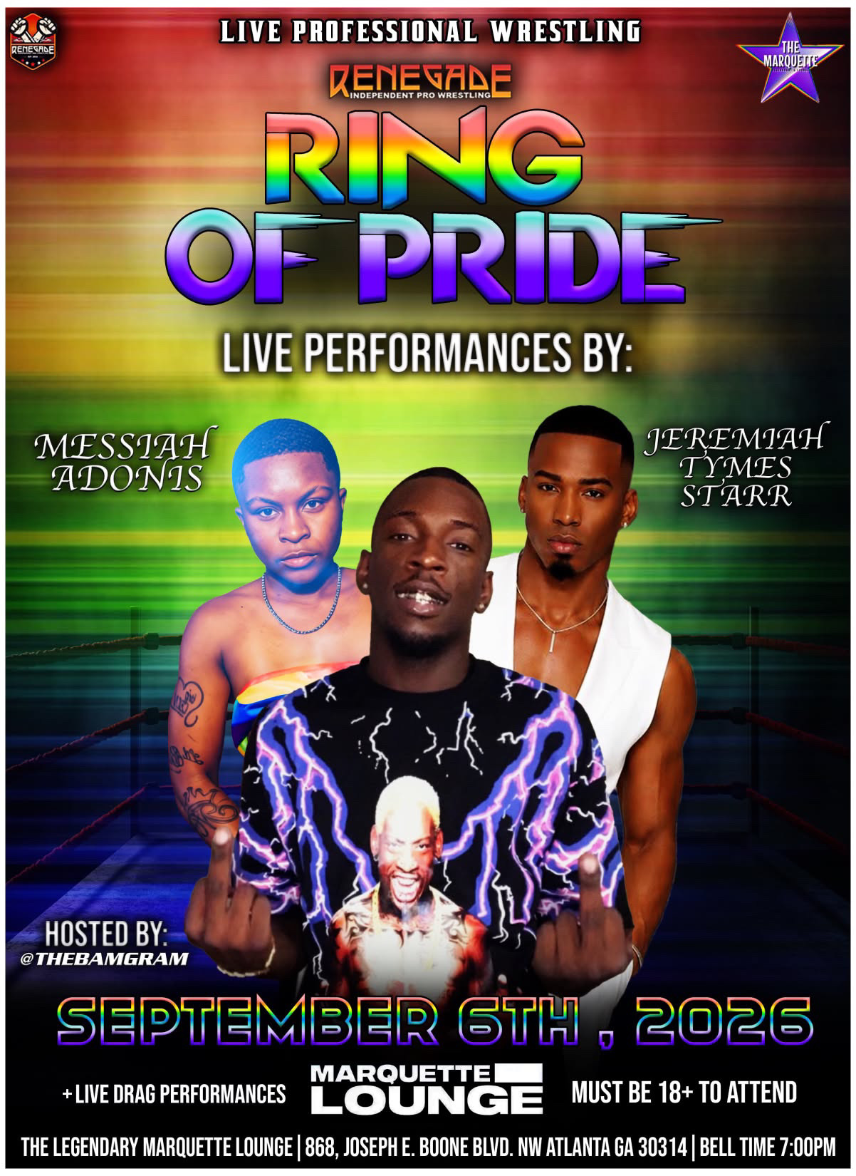 Promotional poster for wrestling event featuring three people, colorful background, event details, and date.