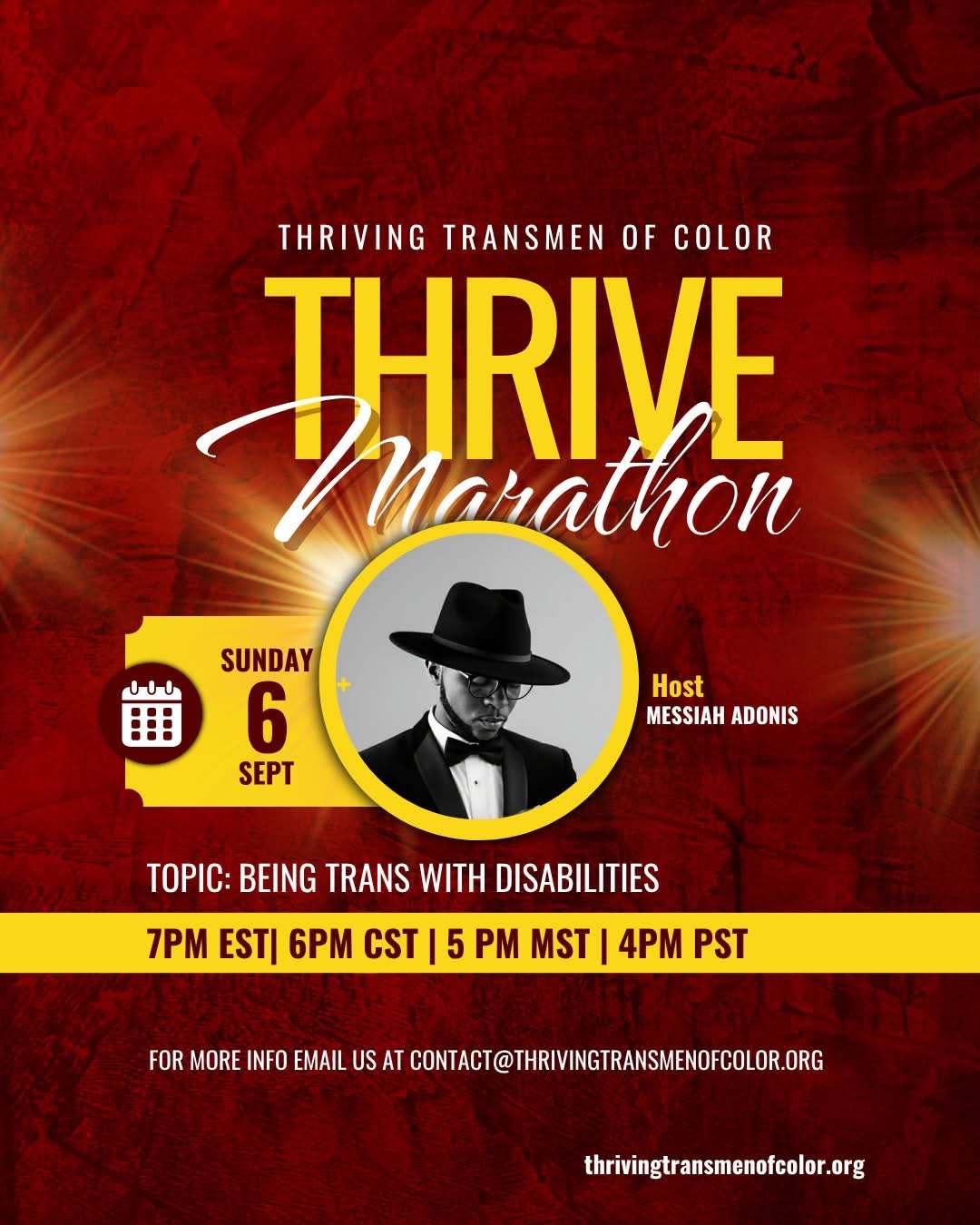 Event poster for Thrive Marathon, featuring a person in a hat, date September 6, Sunday, and time details, with a red background.
