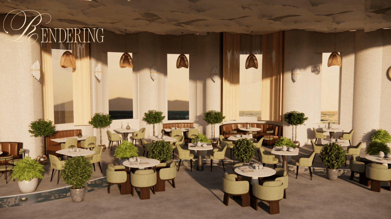 Elegant indoor dining area with round tables, chairs, and potted plants, illuminated by hanging lights, with large windows in the background.