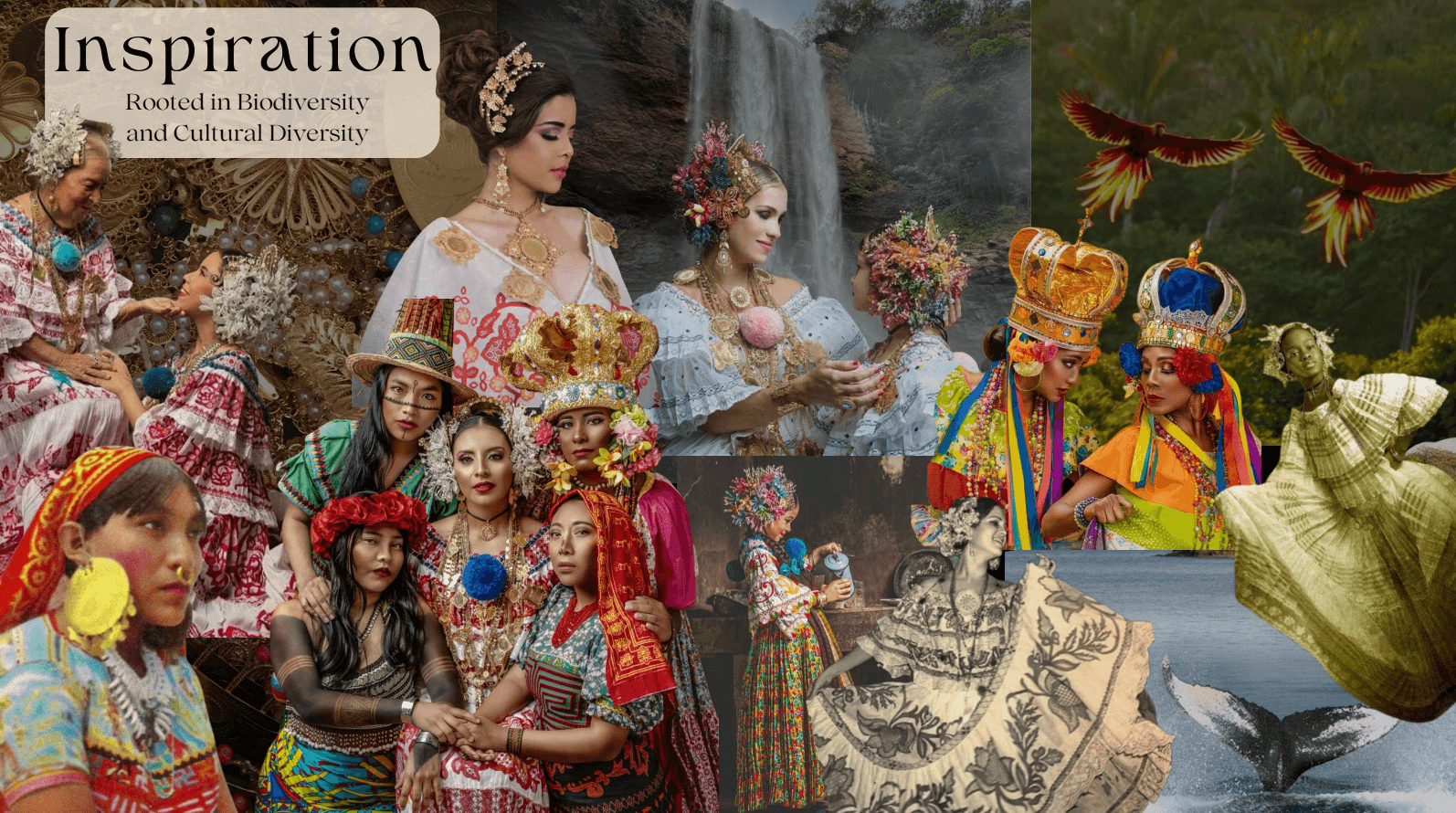 Group of people in colorful traditional costumes, some wearing crowns and jewelry, with a waterfall in the background.