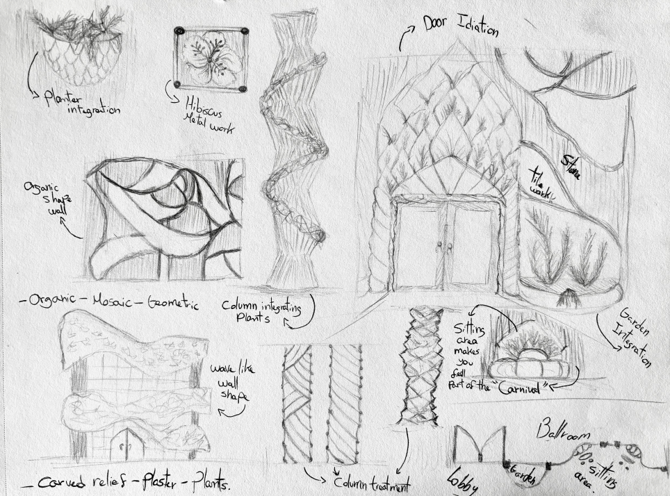 Hand-drawn sketches of architectural and design elements, including doors, organic shapes, and structural details, with handwritten notes.