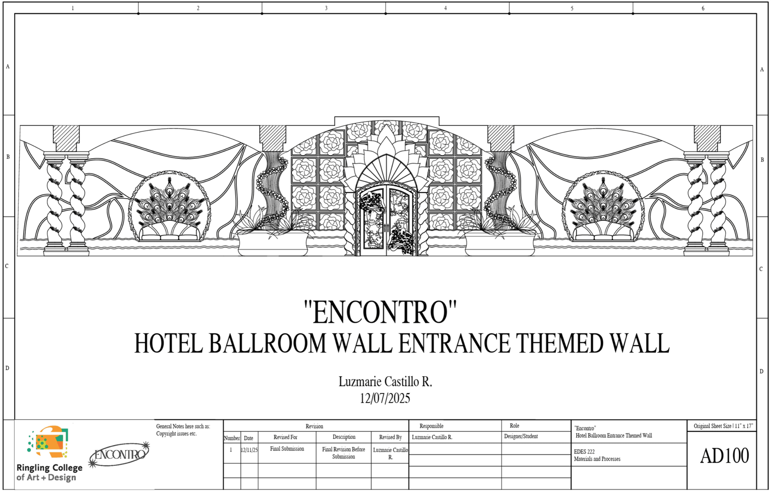 Architectural drawing of a hotel ballroom wall entrance with decorative elements and a central door, labeled 'ENCONTRO'.