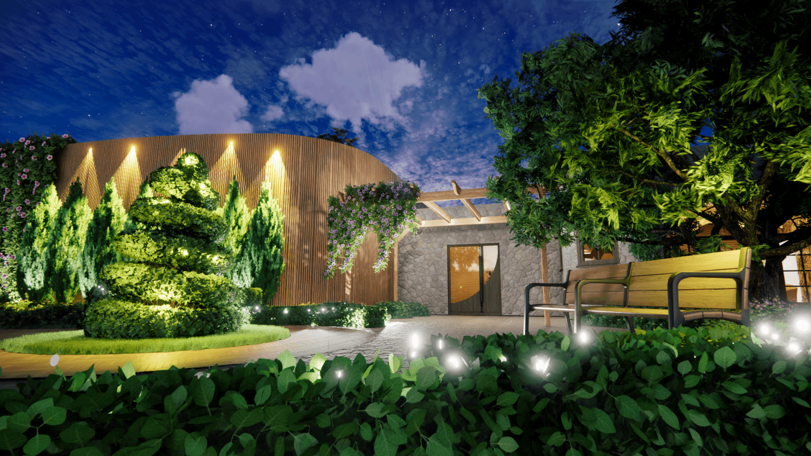 Nighttime garden scene with illuminated plants, trees, a bench, and a building with a door, under a cloudy sky.